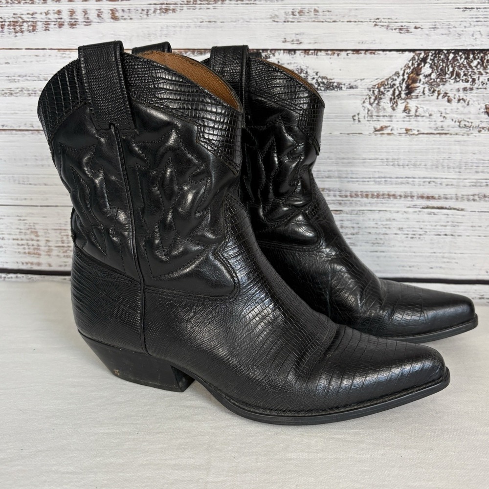 Nine West Black Leather Western Ankle Boots Cowgirl Booties Pointed Toe Boho